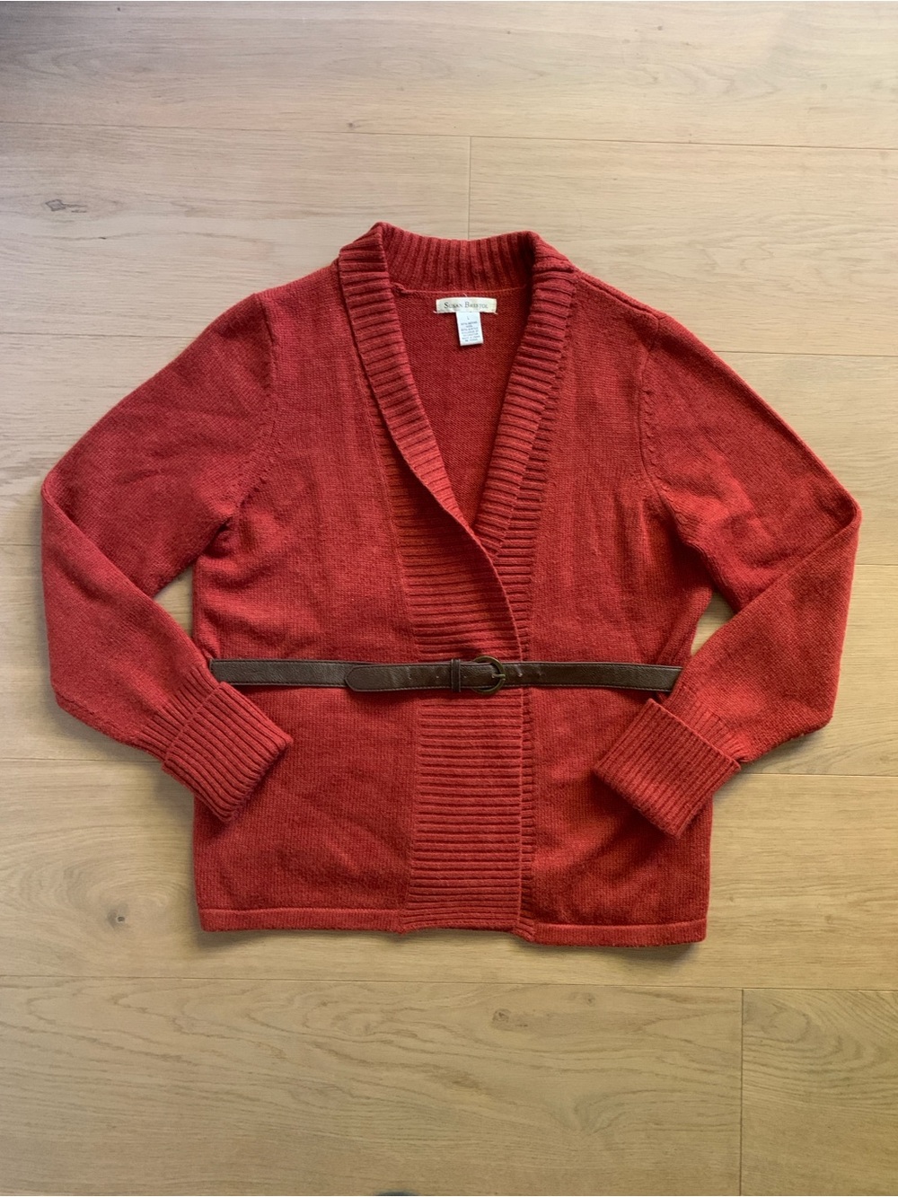 Vintage 90s Susan Bristol Women L Merino Wool Wrap Cardigan Sweater Rust Belted
